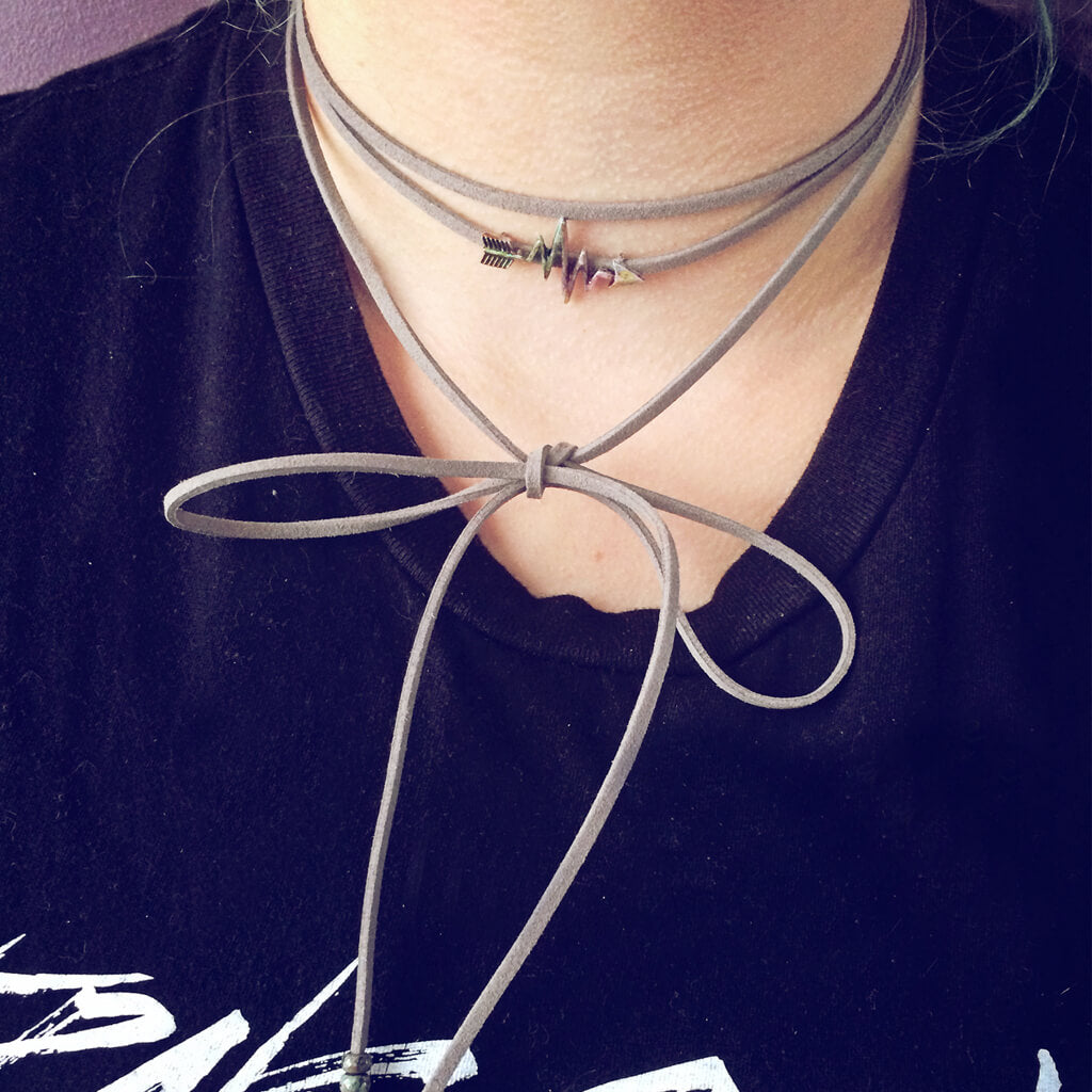 full of life // heartbeat arrow choker necklace - wrap bracelet worn on model - by Peacock and Lime