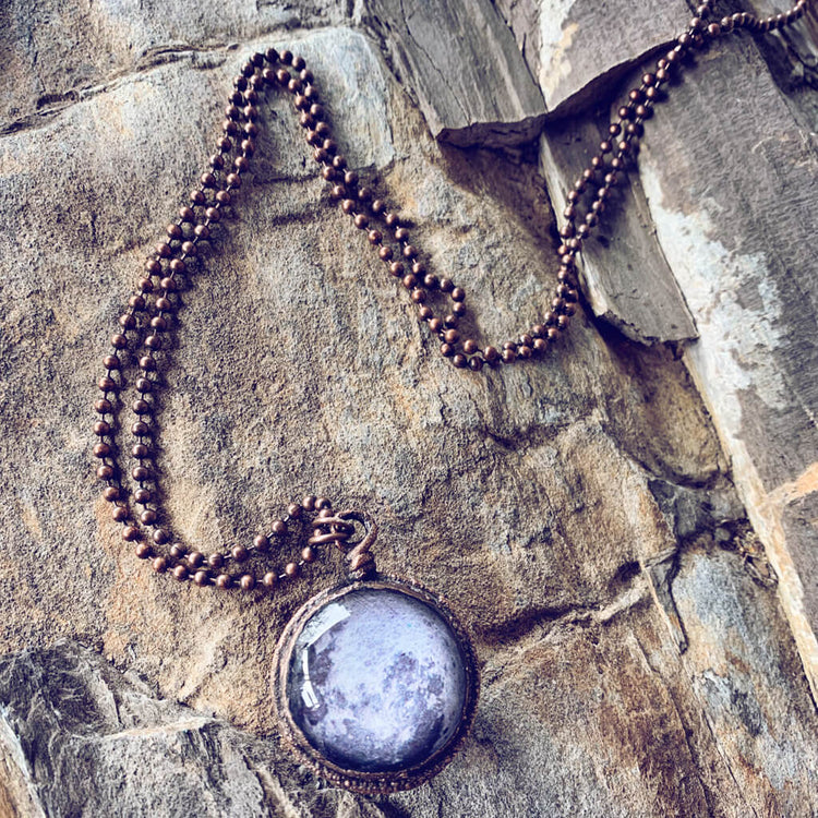 Snow Moon // copper electroformed full moon pendant bohemian necklace - Peacock & Lime , the original Peacock and Lime boho jewelry