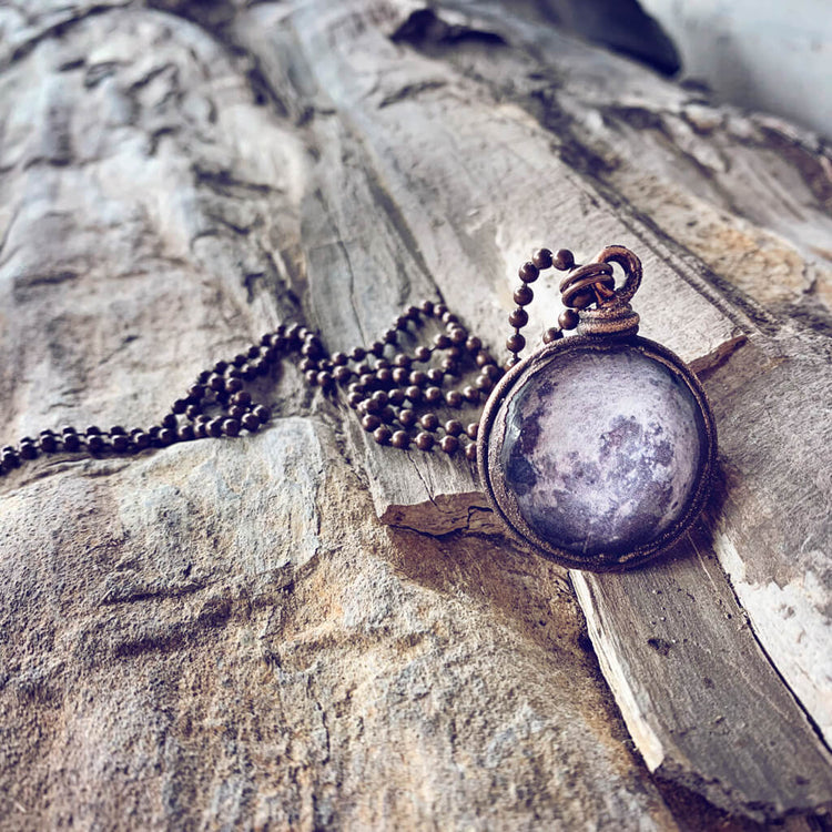 Snow Moon // copper electroformed full moon pendant bohemian necklace - Peacock & Lime , the original Peacock and Lime boho jewelry