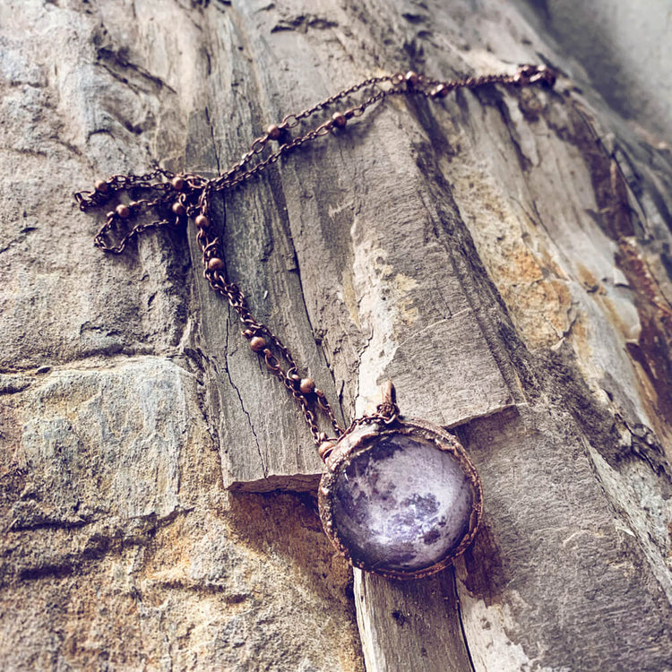 Snow Moon // copper electroformed full moon pendant bohemian necklace - Peacock & Lime , the original Peacock and Lime boho jewelry