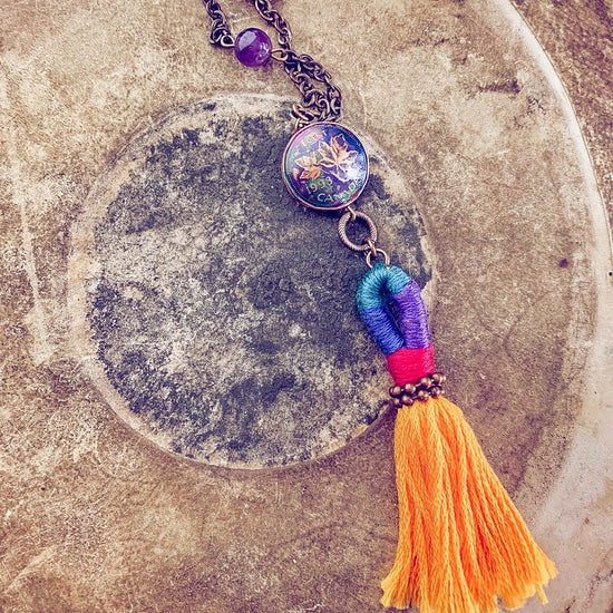 global // colourful coin and tassel boho pendant necklace - Peacock and Lime
