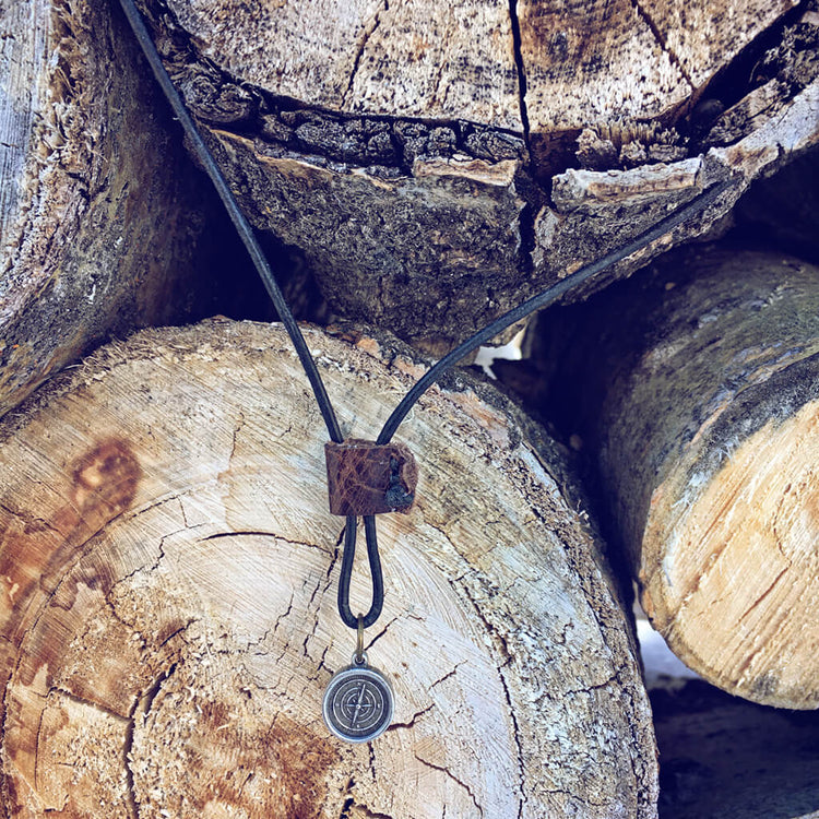 go your own way - men's rugged distressed leather necklace with compass - black - Peacock and Lime