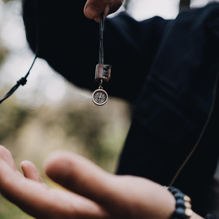 go your own way - men's rugged distressed leather necklaces with compass - Peacock and Lime