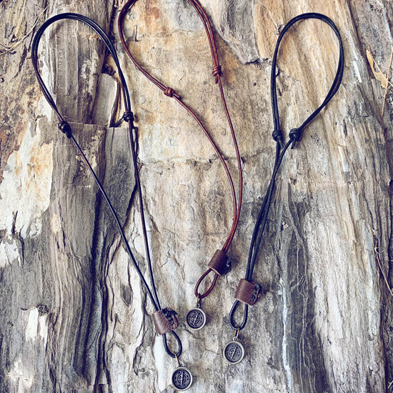 go your own way - men's rugged distressed leather necklaces with compass - Peacock and Lime