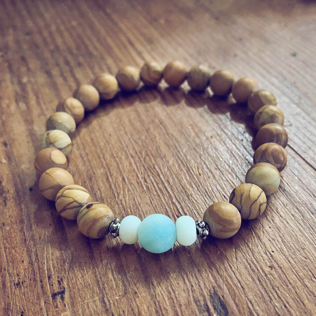 growth // amazonite and wood jasper beaded mala bracelet by Peacock & Lime