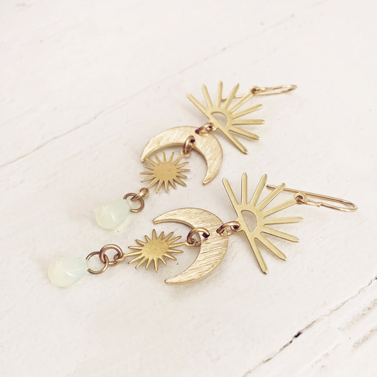 here comes the sun // brass sun moon and beach glass dangle earrings by Peacock & Lime