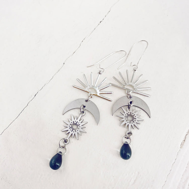 here comes the sun // rhodium & steel sun moon and beach glass dangle earrings by Peacock & Lime