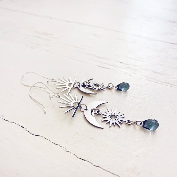 here comes the sun // rhodium & steel sun moon and beach glass dangle earrings by Peacock & Lime