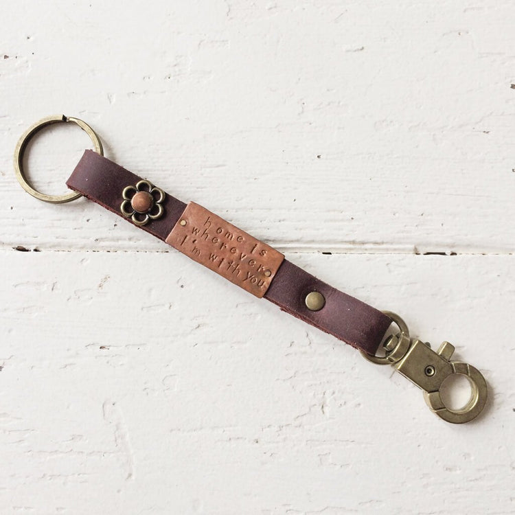 home is wherever i'm with you // leather, copper and brass key ring / key fob - Peacock & Lime