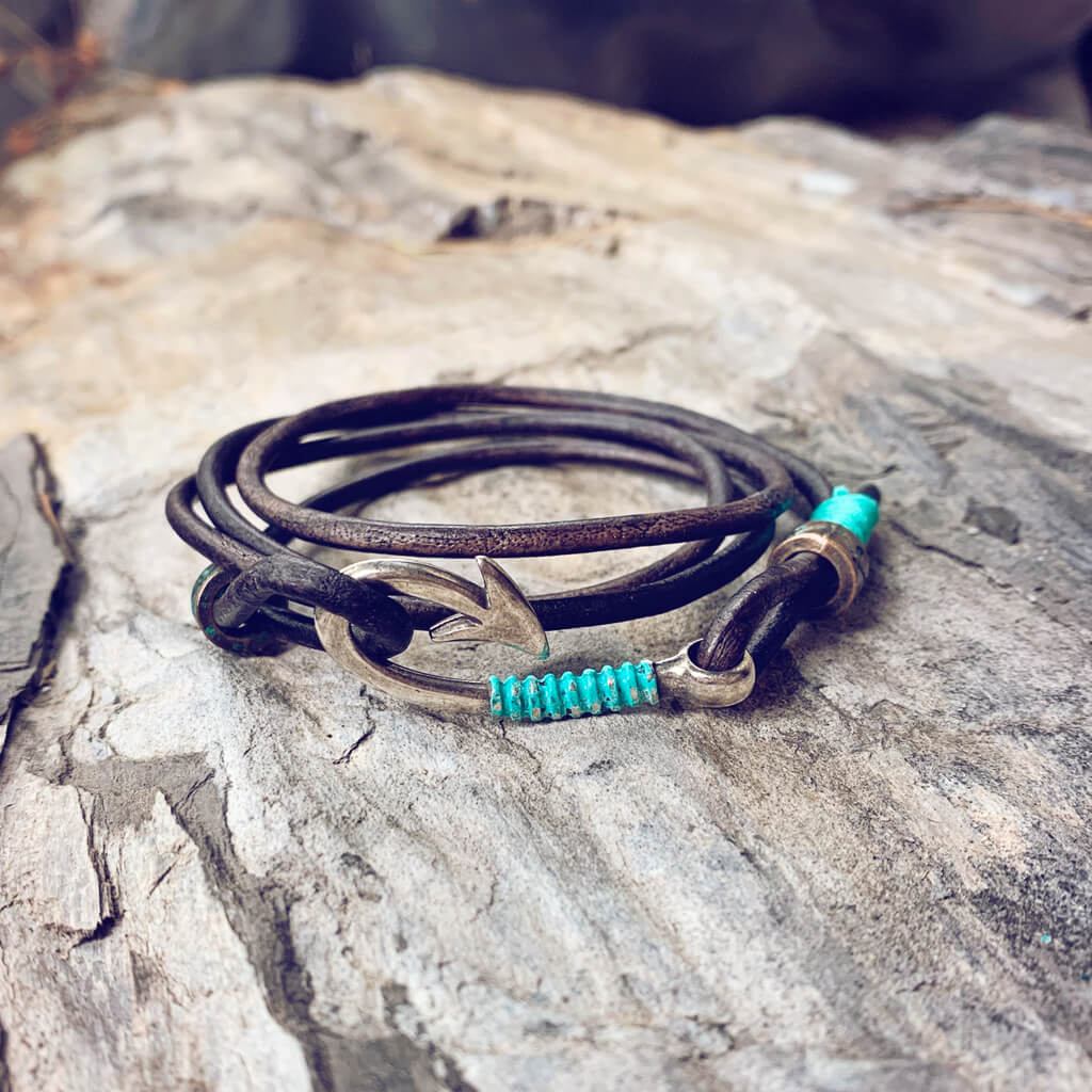 clasp hook fish hook line & sinker // men's fish hook clasp leather wrap bracelet / ch – Peacock & Lime