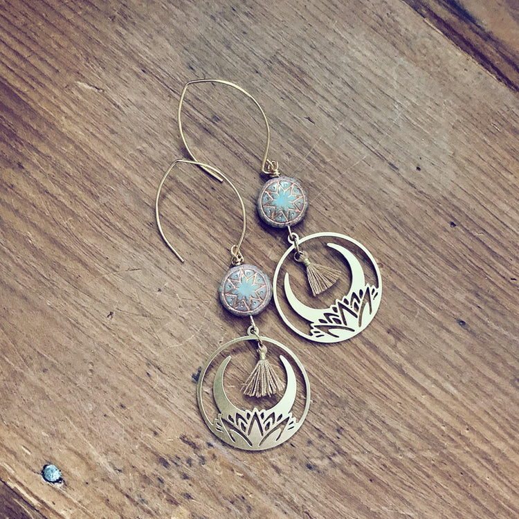 ishtar star // czech glass bead with lotus flower hoop & tiny tassel brass earrings by Peacock and Lime