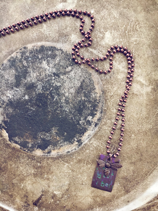 just be // bumble bee & stamped brass tag necklace - Peacock & Lime