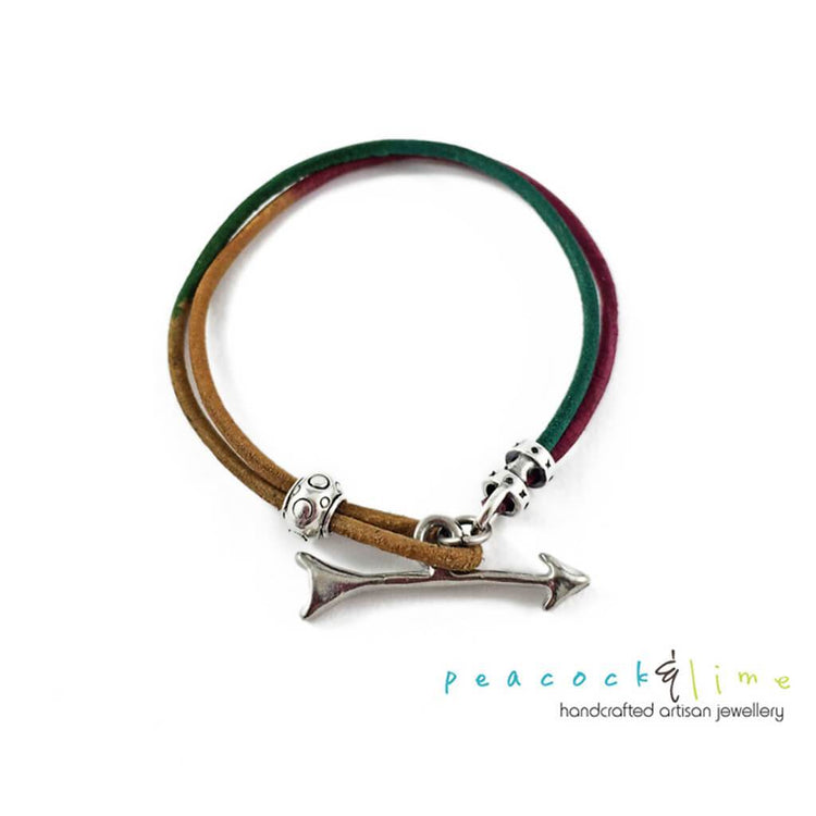 keep moving forward // unisex leather wrap bracelet with pewter arrow clasp - Peacock & Lime