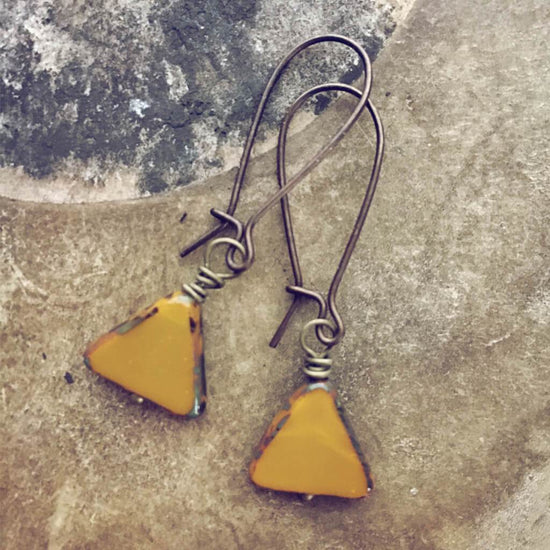 keystone // triangle dainty dangle czech glass earrings - Peacock & Lime