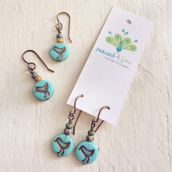 little bird blue // czech glass coin drop earrings, choice of colour - Peacock & Lime