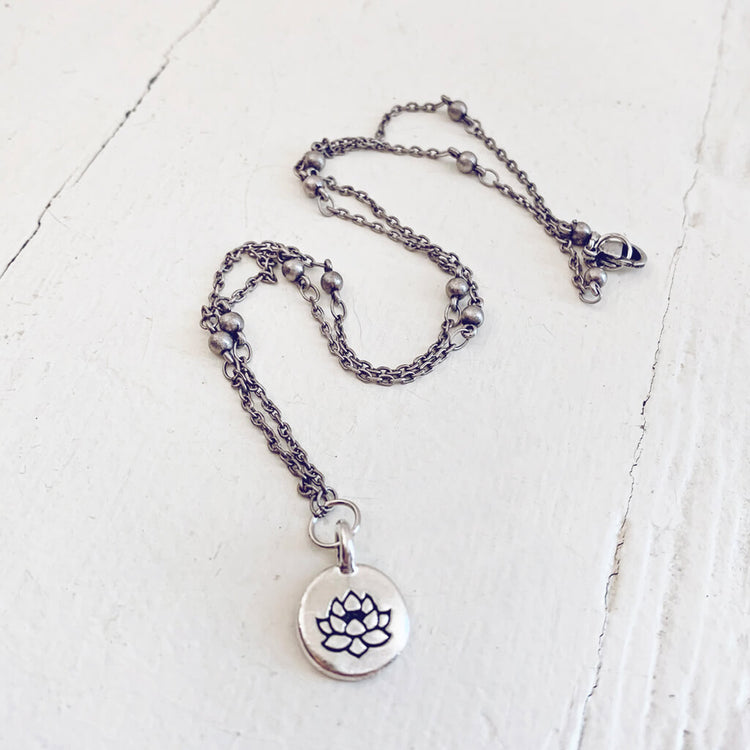little lotus flower antique silver pendant necklace by Peacock & Lime