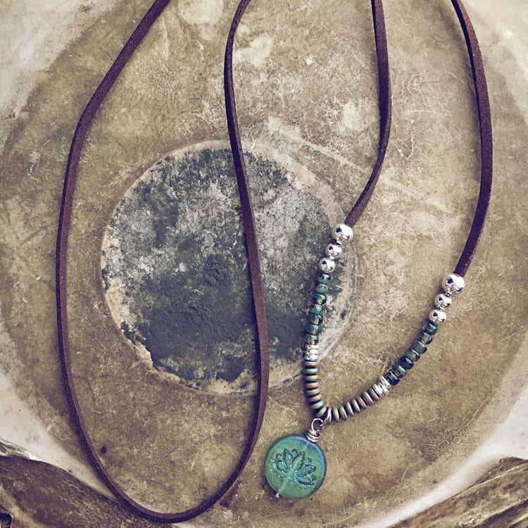 lovely lotus // czech glass & vegan friendly cord pendant necklace - Peacock and Lime