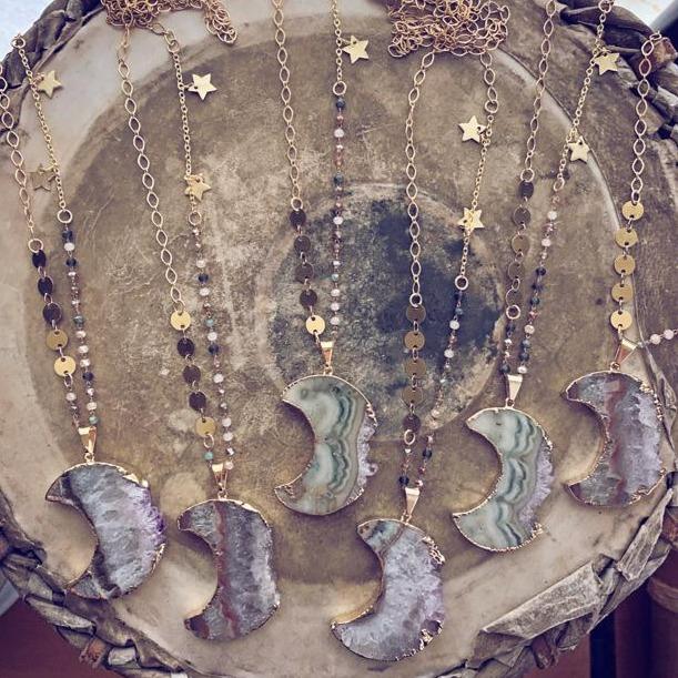 Luna // gold electroplated crescent moon amethyst slice bohemian necklace - Peacock & Lime