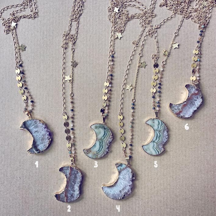 Luna // gold electroplated crescent moon amethyst slice bohemian necklace - Peacock & Lime