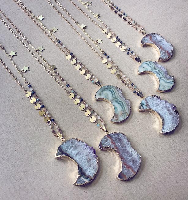Luna // gold electroplated crescent moon amethyst slice bohemian necklace - Peacock & Lime