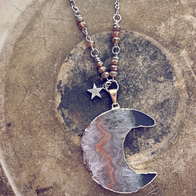 Luna // silver electroplated crescent moon amethyst slice bohemian necklace - Peacock & Lime