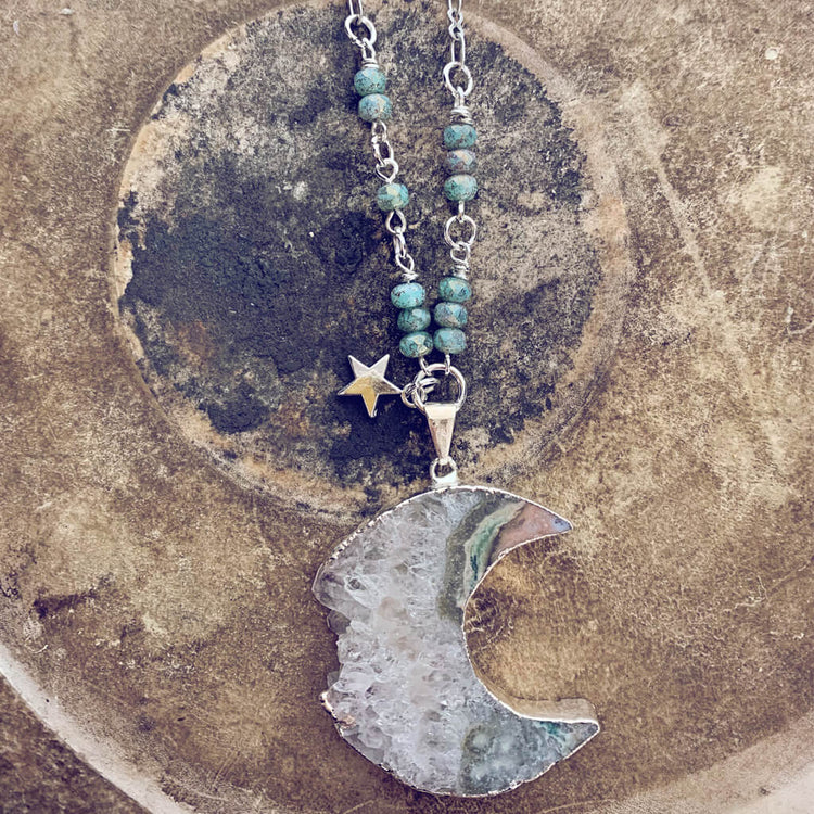 Luna // silver electroplated crescent moon amethyst slice bohemian necklace - Peacock & Lime