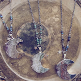 Luna // silver electroplated crescent moon amethyst slice bohemian necklace - Peacock & Lime