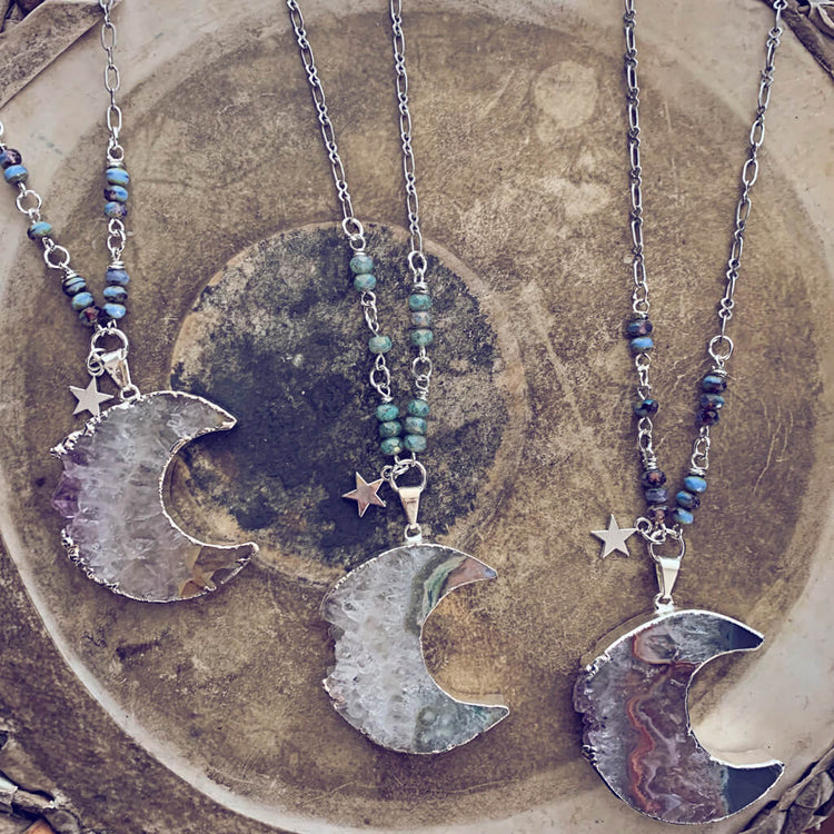 Luna // silver electroplated crescent moon amethyst slice bohemian necklace - Peacock & Lime