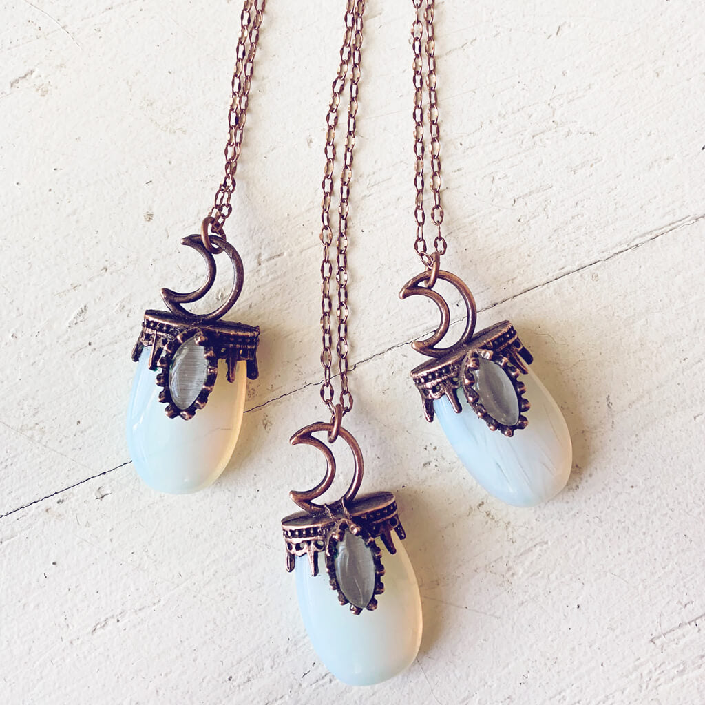 lux ex tenebris // copper electroformed opalite and crescent moon necklaces by Peacock and Lime
