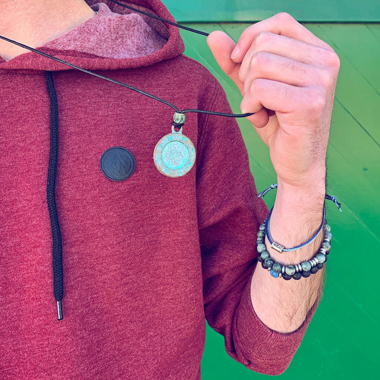 ancient path - men's medallion leather necklace and beaded mala bracelets by Peacock and Lime