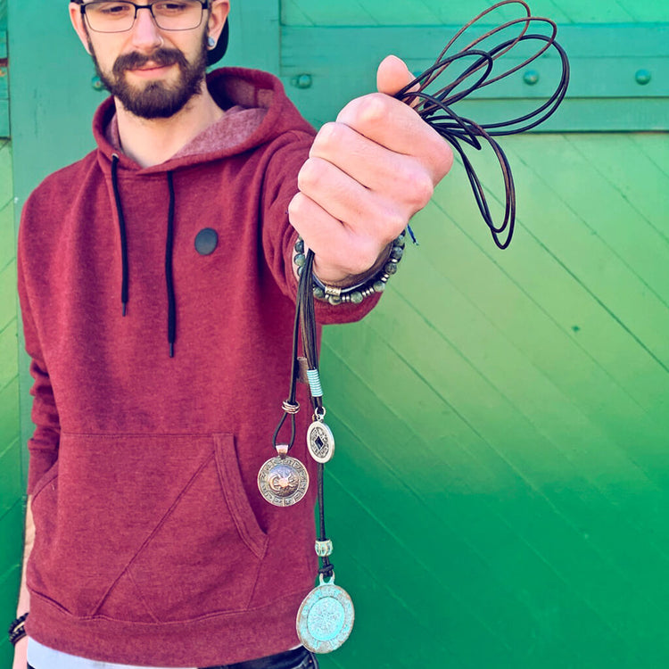 men's coin and medallion leather necklaces - Peacock & Lime