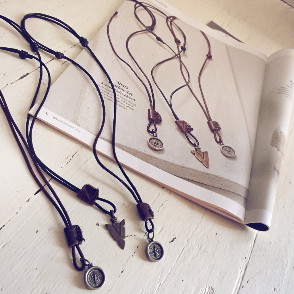 mens  distressed leather necklaces - compass or arrowhead charm as seen in Beadwork magazine - Peacock & Lime
