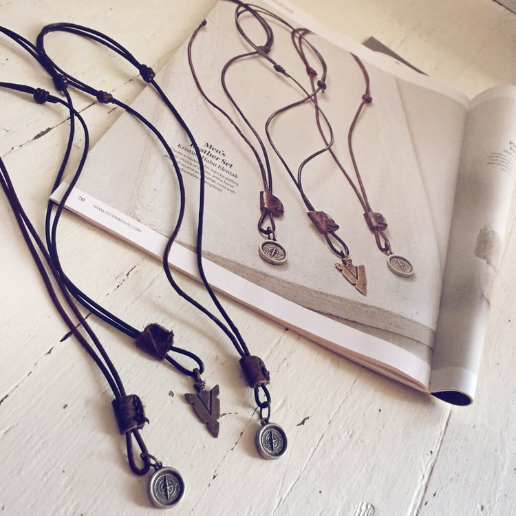 mens distressed leather necklaces - compass or arrowhead charm as seen in Beadwork magazine - Peacock & Lime