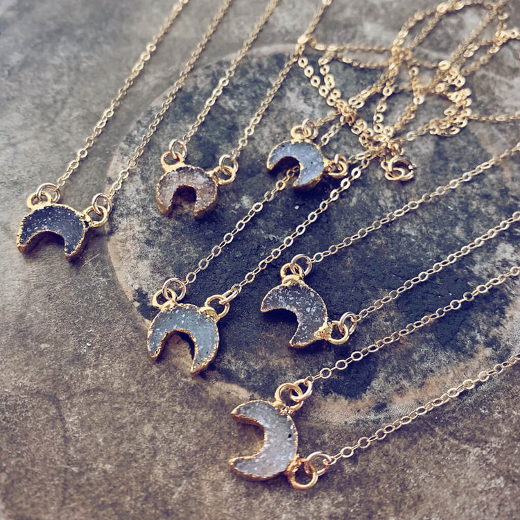 mini Luna // druzy crescent moon necklace - 14kt gold fill - Peacock & Lime