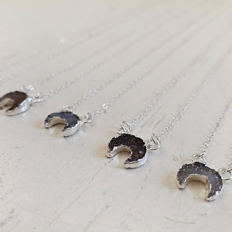 mini Luna // druzy crescent moon sterling silver necklace - Peacock & Lime