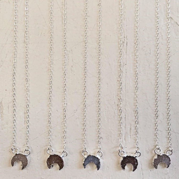 mini Luna // druzy crescent moon sterling silver necklace - Peacock & Lime