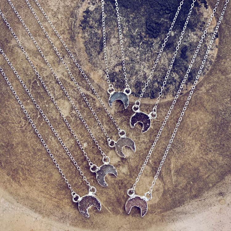 mini Luna // druzy crescent moon sterling silver necklace - Peacock & Lime