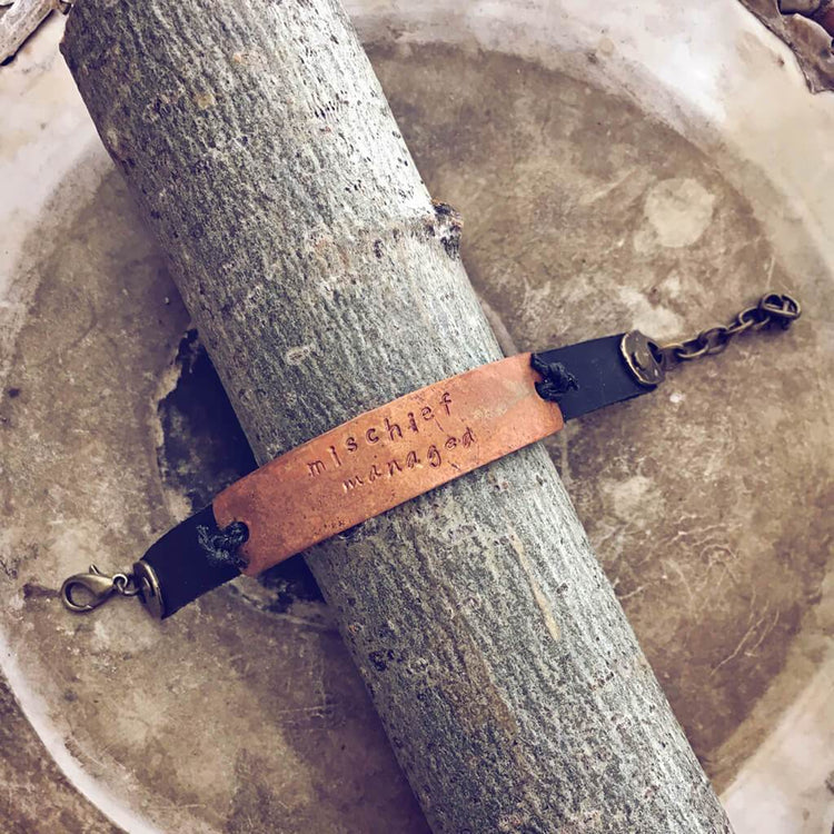 mischief managed // leather and copper wrap bracelet cuff - Peacock & Lime