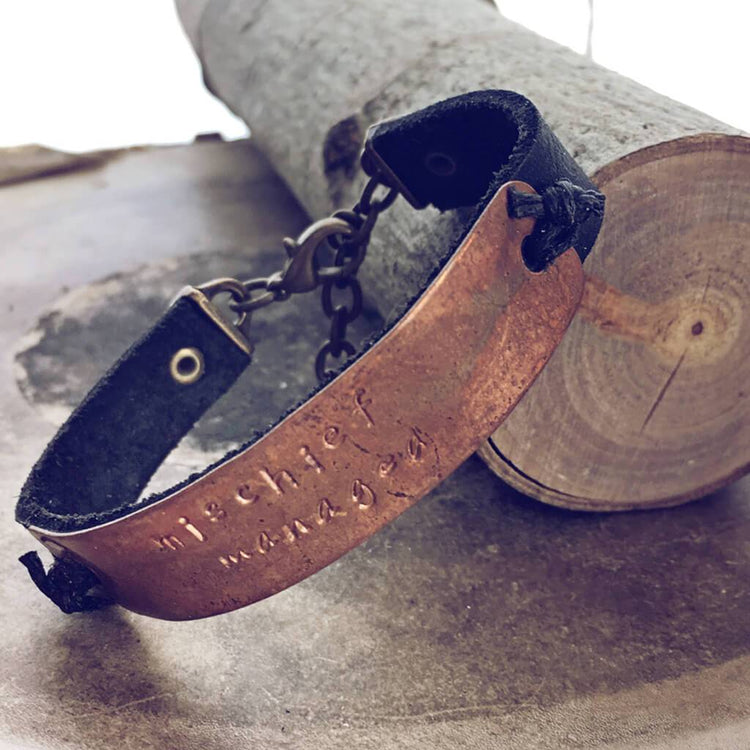 mischief managed // leather and copper wrap bracelet cuff - Peacock & Lime