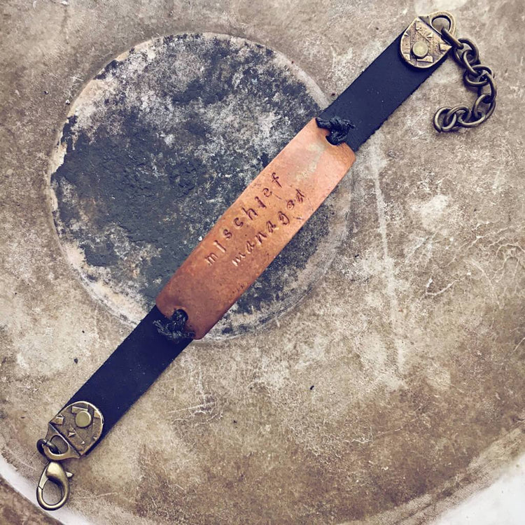 mischief managed // leather and copper wrap bracelet cuff - Peacock & Lime