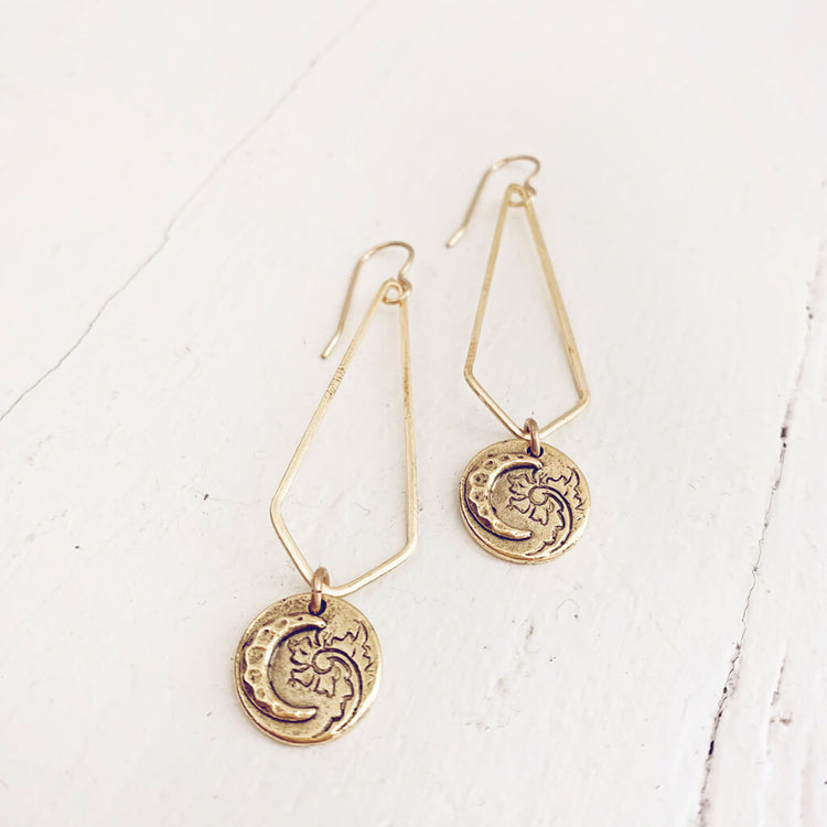 moon flower //long brass chevron earrings with moon & flower charm by Peacock & Lime