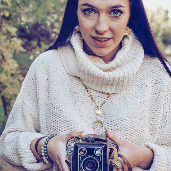 moon gazer // full moon, moonstone & crescent moons boho brass pendant necklace - Peacock & Lime