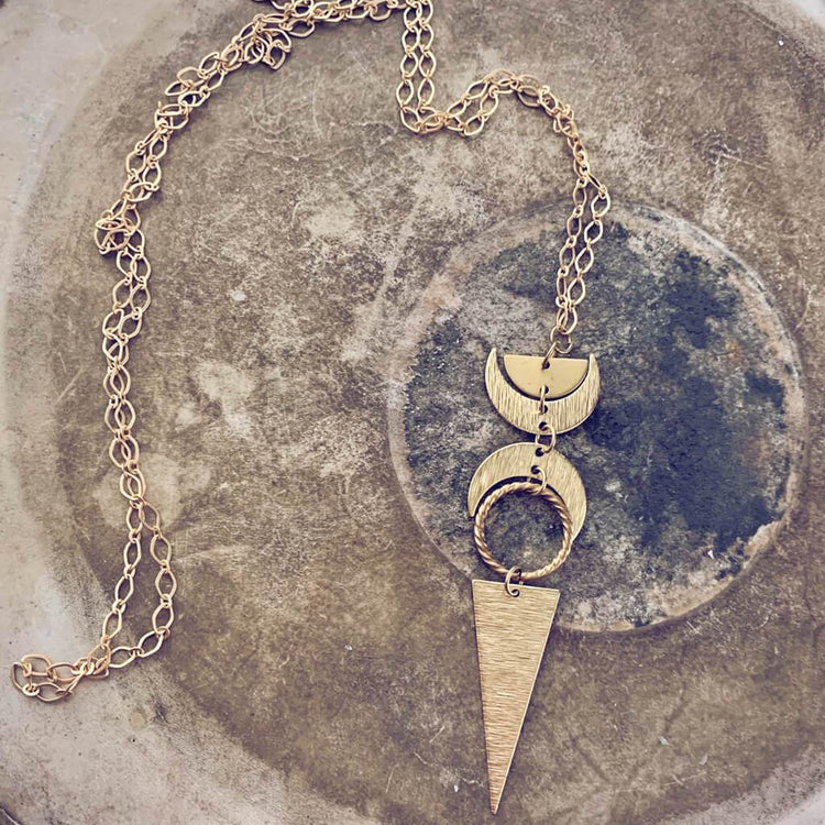 moon phases // half moon, waxing, waning crescent moons, new moon and long triangle pendant necklace - Peacock & Lime