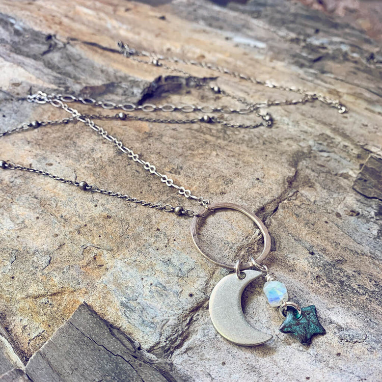 moonlight - moonstone, star & crescent moon pendant necklace - Peacock & Lime