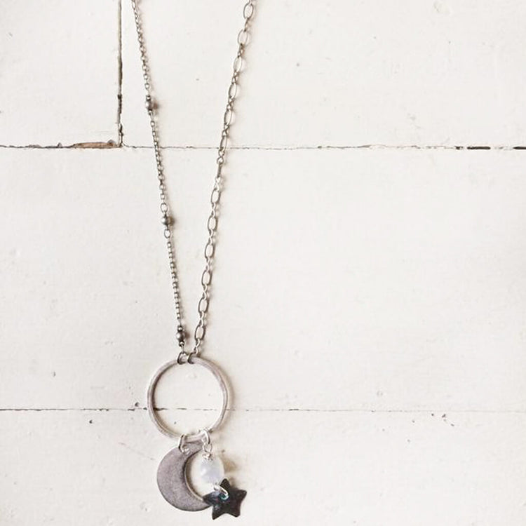moonlight - moonstone, star & crescent moon pendant necklace - Peacock & Lime