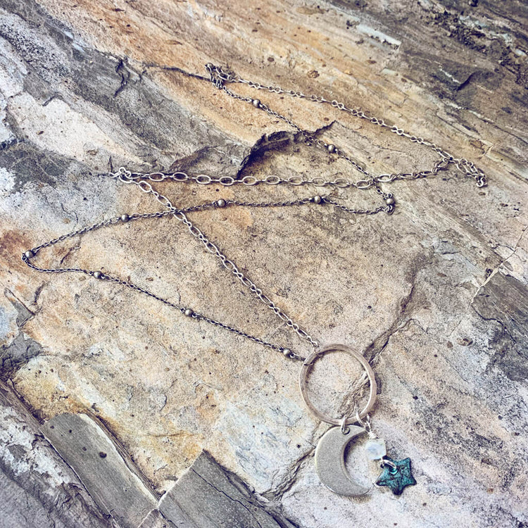 moonlight - moonstone, star & crescent moon pendant necklace - Peacock & Lime
