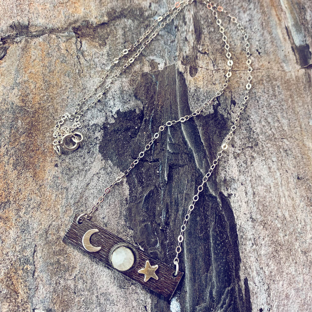 moonrock // sterling silver gemstone bar necklace - moonstone with sterling moon and star - Peacock & Lime , the original Peacock and Lime boho jewelry