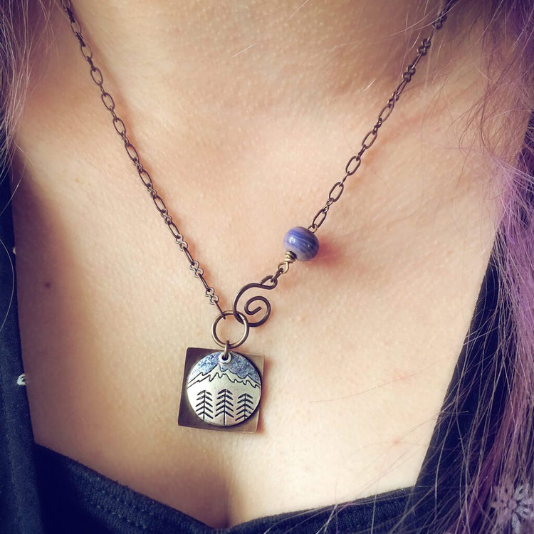 mountain love // snow capped mountains & trees natural brass necklace with lampwork bead - Peacock & Lime