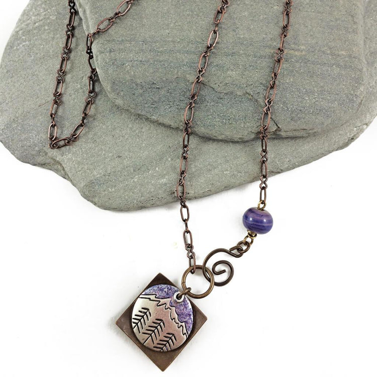 mountain love // snow capped mountains & trees natural brass necklace with lampwork bead - Peacock & Lime