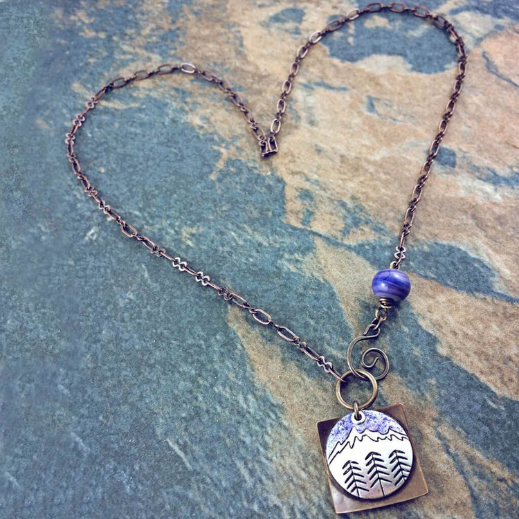 mountain love // snow capped mountains & trees natural brass necklace with lampwork bead - Peacock & Lime